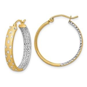 14k w/White Rhodium Polished Satin Diamond-cut In/Out Hoop Earrings